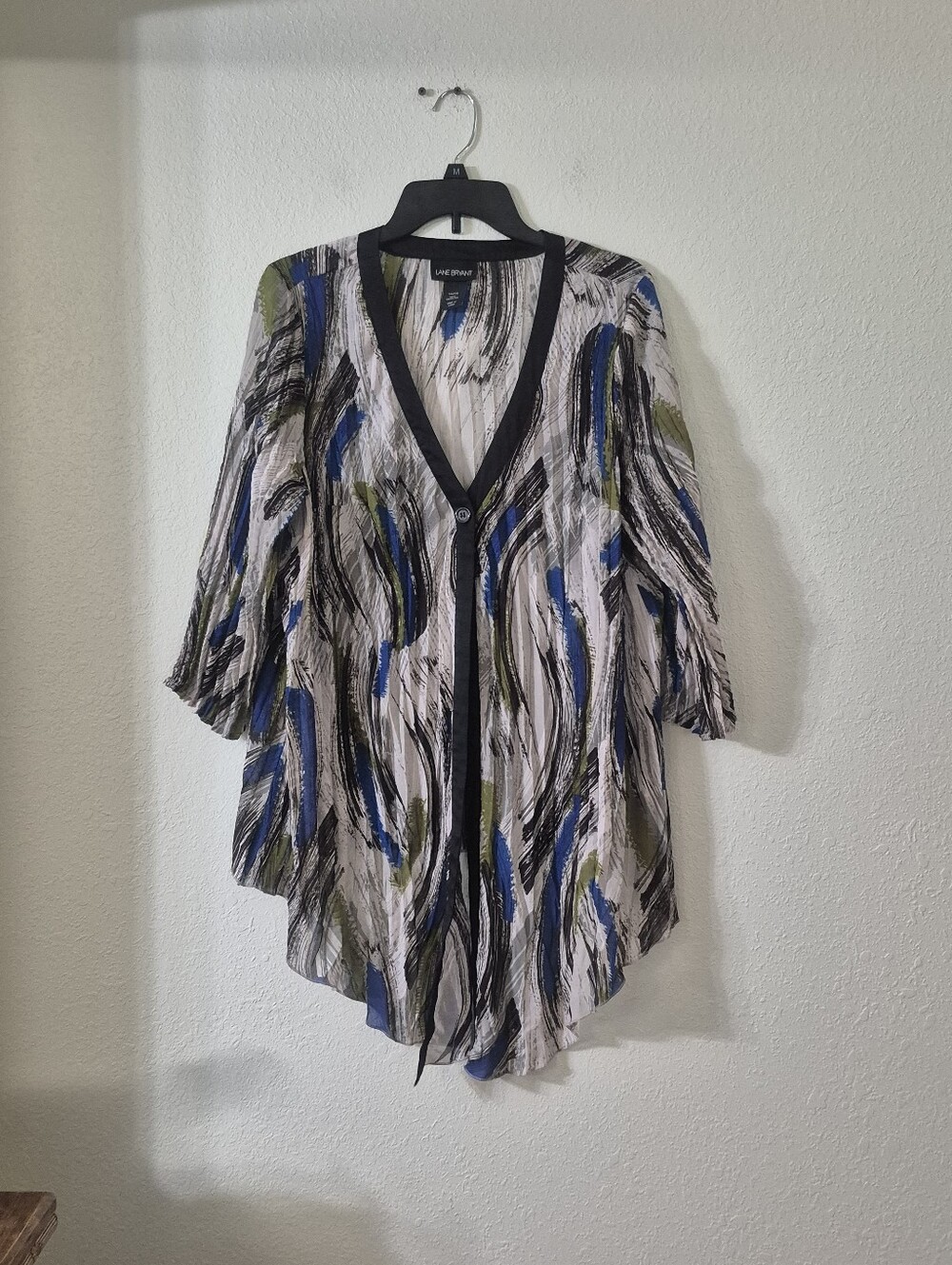 Lane Bryant Blue, Olive & Black Brushstroke V-Neck Tunic Cardigan
